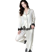 Französischer Stil Einfarbiges Damen-Pyjama-Set in Voller Länge mit Umlegekragen Langarm-Satin-Nachtwäsche und Elastischer Taille