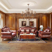 Canapé en cuir véritable de style européen en forme de U, suite de salon en cuir pleine fleur, chaise longue luxueuse en bois massif sculpté