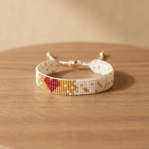 Bracelet artisanal Sstringz en perles Miyuki Delica blanches, dorées métalliques et bordeaux avec motif cœur, bijoux de mode ajustables - Product Image 4