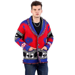 Cárdigan de punto Jacquard de otoño e invierno para <span class=keywords><strong>hombre</strong></span>, chaqueta de suéter gruesa holgada con cuello en V de estilo étnico Retro - Product Image 4