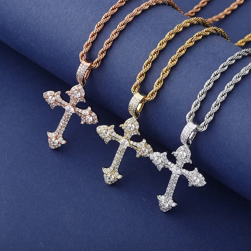 Dainty Silver Gold Plated Men Diamond Chain Pendant Jewelry CZ Stainless Steel Women Cross Necklace