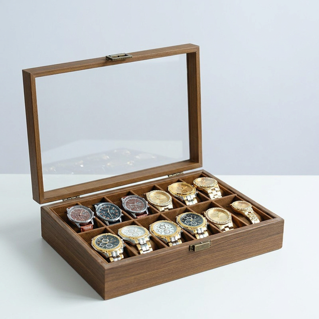 Manufacturer's In-stock Wholesale Multi-slot Windowed Glass Watch Packaging Box Walnut Wood Grain Watch Jewelry Display