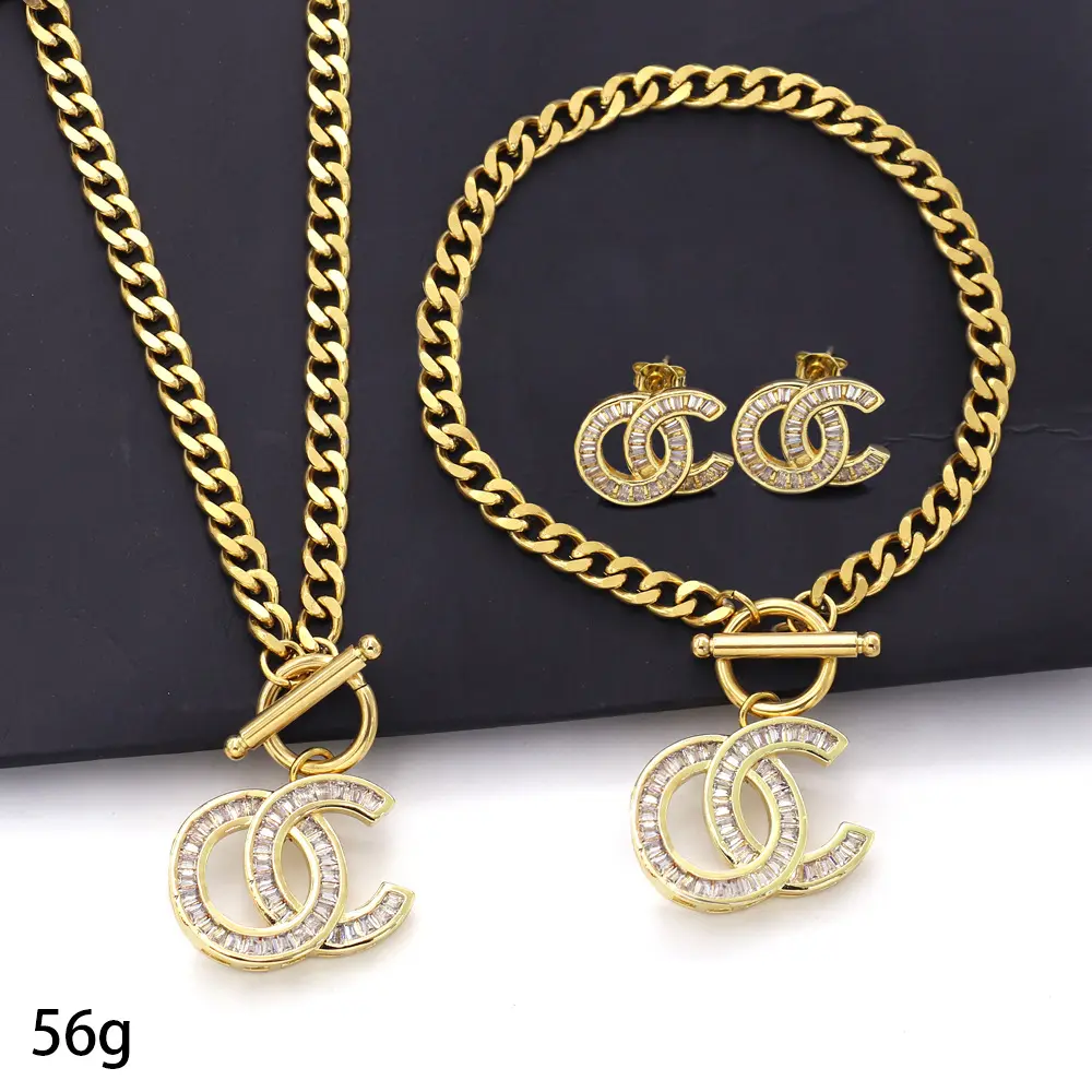 Custom Diamant Ingelegde Brief Ketting Mode Dames Sieraden Charme 18K Vergulde Ketting Set