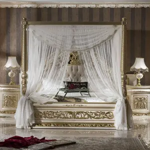 ヨーロッパの手彫り絵画木製キャノピーベッドとバランスロマンチックな結婚式の寝室の家具キャノピーベッド