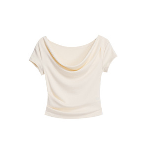 T-<span class=keywords><strong>shirt</strong></span> d'été élégant à col bénitier et épaule dénudée, manches courtes, coupe ajustée pour <span class=keywords><strong>femme</strong></span>, style crop top tendance - Product Image 5