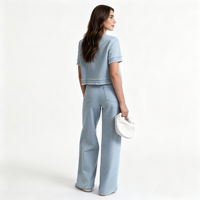 Ensemble deux pièces en denim bleu clair texturé pour femmes, veste cardigan à manches courtes et pantalon large, OEM ODM