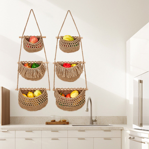 Panier à fruits tissé à la main, suspendu au mur, peut être divisé en trois sections, panier de rangement en corde de coton - Product Image 3