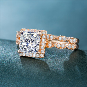 Juego de Anillos de Pareja Cuadrados con Circonita en Color Oro Rosa para Mujer, Regalo de Boda o Cumpleaños - Product Image 2