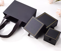 Boîte à tiroirs carrée bleue HTD avec bordure dorée, boîte de rangement pour bijoux noire, emballage avec ruban satiné pour bagues et colliers