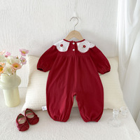 Combinaison à manches longues pour bébé fille avec col de poupée rouge, combinaison pour nouveau-né d'automne