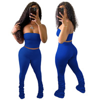 Ensemble 2 pièces sexy printemps 2026 pour femme : haut court tube uni à épaules dénudées et pantalon de jogging superposé