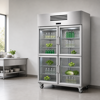 Réfrigérateur commercial vertical à refroidissement par air, entièrement en acier inoxydable, double porte vitrée, éclairage LED, dégivrage automatique pour présentation en magasin