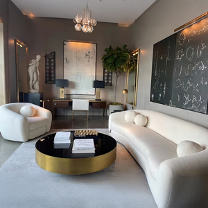 أريكة جلدية RH SYLVAIN، أريكة قطاعية منحنية من الجلد الطبيعي البيج، طقم غرفة معيشة فاخر وعصري مع وسائد متناسقة - Product Image 1