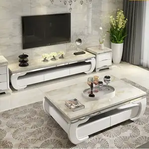 Solid Wood Marble Tea Table TV Cabinet Combination Suit Simple Modern Small Family Sitting Room Stainless Steel Tea Table