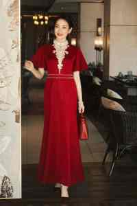 Vino rojo largo boda Cheongsam manga <span class=keywords><strong>de</strong></span> hoja <span class=keywords><strong>de</strong></span> loto Vintage mejorado vestido <span class=keywords><strong>de</strong></span> mujer Slim Fit elegante <span class=keywords><strong>Qipao</strong></span> - Product Image 3