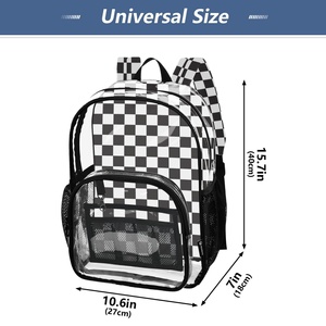Unisex <b>Black</b>/White Checked Design Heavy Duty Clear 16" Clear Backpack Transparent Travel Casual Backpack with <b>Black</b> Trim - Product Image 4