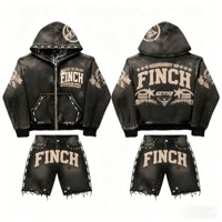 Ensemble sweat à capuche et short en toile de coton pour homme Finch, avec patch brodé personnalisé, lettres brodées, ourlet brut et délavage acide