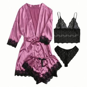 Nightgown Wholesale Pajamas Four Pieces Breathable Lace Satin Elastic Waist Robe Home Wear <b>Silk</b> Sexy Women Night Dress Sleepwear - Product Image 3
