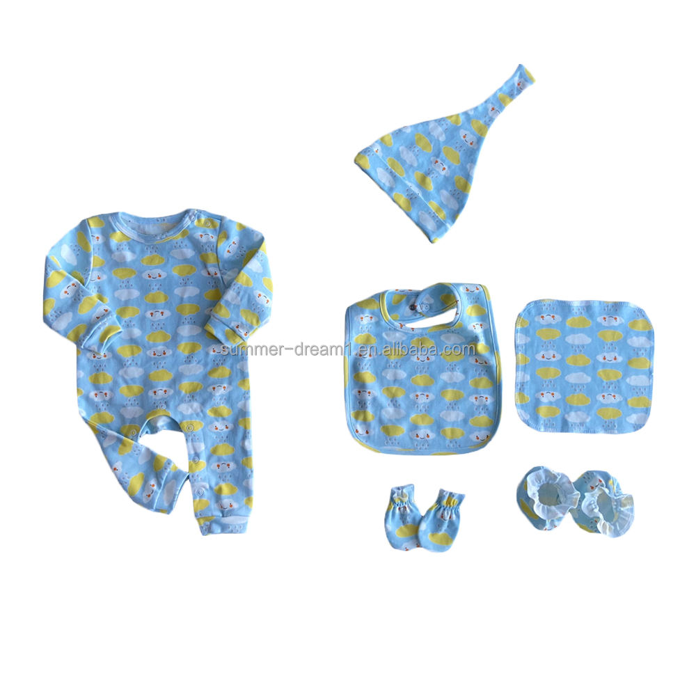 Wholesale Custom Summer Pieces 100% Combed Cotton Long Sleeve Baby Romper  Hat Bibs Socks Newborn Baby Clothes Set