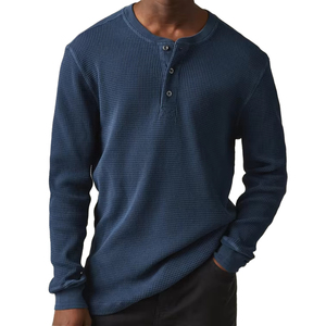 Custom Men Soft Breathable Waffle Knit Henley TShirt Heavy Weight Tshirt Organic Cotton Long Sleeve Casual Pullover Tops - Product Image 3