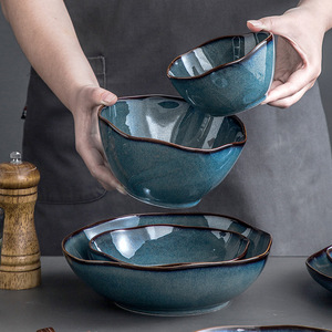 Style rétro japonais réactif émaillé bleu couleurs plat assiette bol en céramique service de dîner de Chaozhou usine directe - Product Image 4