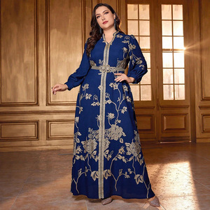 Nova Abaya Tradicional Islâmica Azul Marinho com Detalhes Florais Dourados para Mulheres da Arábia Saudita e do Golfo, Roupas Modestas Muçulmanas - Product Image 3