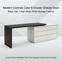 Bureau d'écriture minimaliste classique en MDF plaqué chêne, taille standard, avec 6 tiroirs, grand plateau plat et rangement intégré