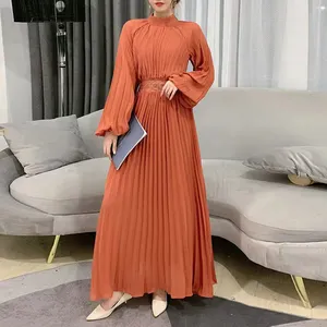 7 colors wholesale price solid puff sleeve elegant pleated long casual dresses women lady elegant