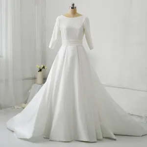 Silk Satin Bridal Gown With Half Sleeves Pockets Wedding Dress