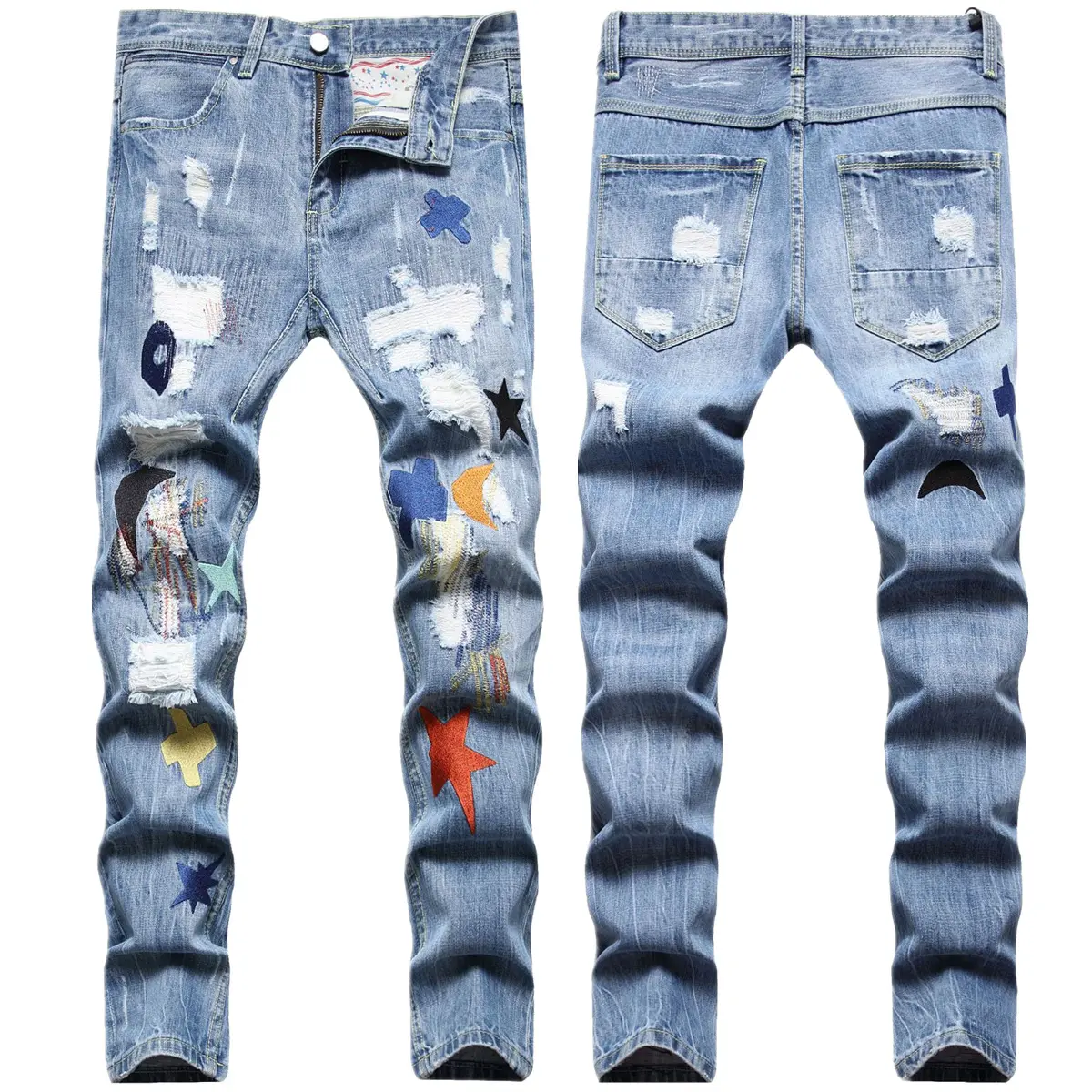 Ustom-pantalones vaqueros de moda para hombres, jeans de moda con bordado de Luna Azul y estrella rasgada