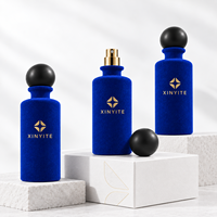 Flacon de parfum bleu floqué 100 ml, cylindre vide en verre avec pulvérisateur, flacon de parfum de luxe en velours, emballage de parfum personnalisé avec logo