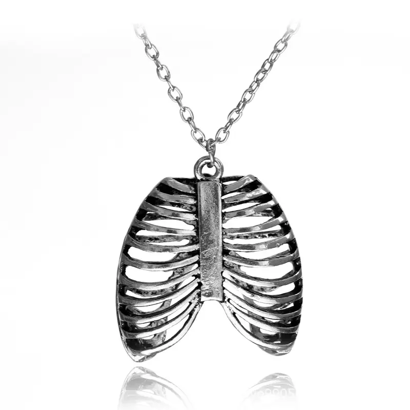 3D ribs skeleton anatomy antique silver ribcage necklace