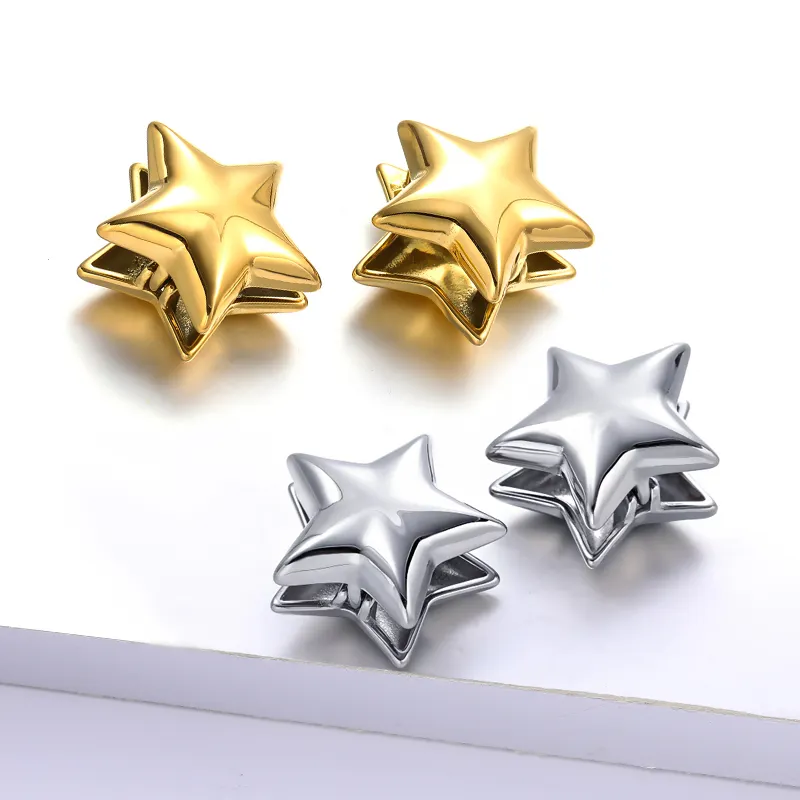Модные золотые серьги с двумя пятиконечными звездами на заказ, простые нишевые серьги из нержавеющей стали, 14K позолоченные серьги с пентаграммой