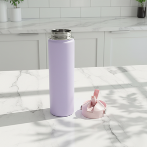 Bouteille de voyage isotherme unique violette de 24 oz, anti-fuite, avec couvercle rose, poignée ergonomique et détails rivetés, durable - Product Image 2