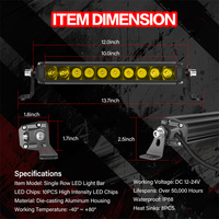 Barre lumineuse de travail LED 12V à faisceau spot simple, profil bas, 12 pouces, couleur lumière blanche ou jaune, pour camionnettes 4x4