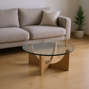 Tavolino da Caffè Homeera con Piano in Vetro Temperato e Struttura in Legno, Design Moderno per Soggiorno, Grande Diametro 80cm, Trasparente - Product Image 2