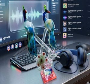 Figurine de paon en verre bleu soufflé à la main, style Murano, sculpture artisanale de deux oiseaux décorative de Noël, dôme sur base florale - Product Image 1