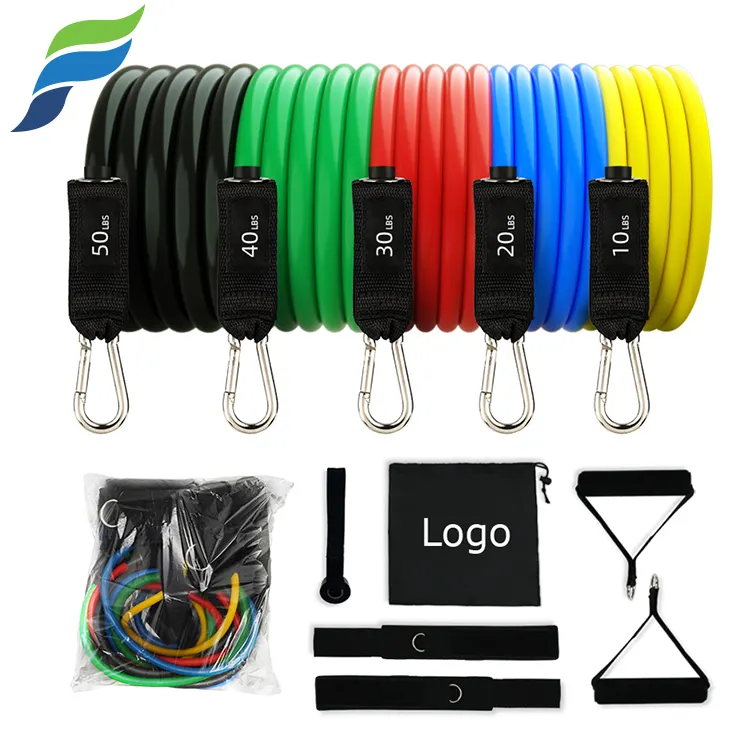 YETFUL Custom multi function colored fitness home equipment pull rope tube 11 pcs resistance band set with handle