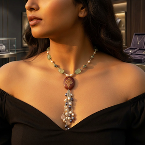 Collier vintage pour femme avec pendentif à pompon, perles d'eau douce et pierres précieuses, chaîne en argent 925 pour mariage - Product Image 3