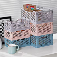 Panier de rangement pliable en plastique, empilable, ventilé, avec poignée intégrée pour articles ménagers divers