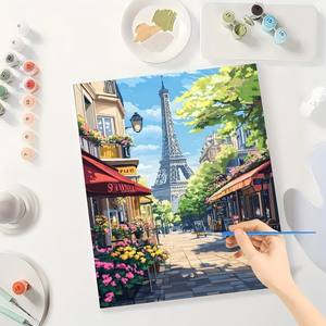 Kit de pintura por números de la Torre Eiffel para adultos-DIY <span class=keywords><strong>Paris</strong></span> <span class=keywords><strong>Café</strong></span> y flor colorida 16x20 pulgadas, regalos de Arte de viaje sin marco - Product Image 3