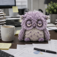 Peluche hibou violet shaggy personnalisée aux yeux fatigués, animal en peluche original et doux pour la décoration de bureau et le soutien émotionnel