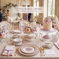 Service de Table de Luxe en Porcelaine Rose avec Bordure en Or Véritable, Vaisselle de Mariage en Porcelaine Fine, Ensemble Assiettes et Bols en Céramique Motif Cygne Style Palais 2026