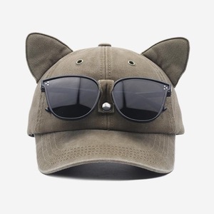 Washed Cotton Baseball Cap With Cat Ears Decorative Sunglasses Design Curved Brim <b>Funny</b> Novelty <b>Hat</b> <b>For</b> Women Party Daily - Product Image 3