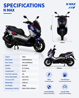 Moto 150cc, couple élevé 14 N.m, 10 kW, 4 temps, refroidissement par air, allumage ECU, arbre à cames en tête, grandes roues 120/70-13, frein à disque, 130 kg