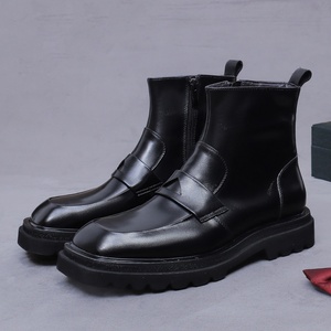 Bottes pour hommes en cuir véritable, style britannique, avec fermeture éclair latérale, chaudes, à bout carré, pour affaires, rehaussantes - Product Image 2