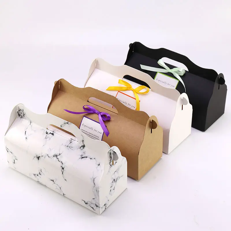 Embalaje de caja de pastel de rollo suizo de papel Kraft liso con asa