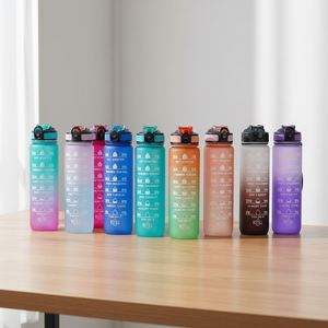 Hot Plastic Cup Sports Water Cup 1L <b>Large</b> Capacity Straw Portable Gradual Change Montivational Water Bottle with Time Mark - Product Image 1