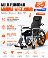 Fauteuils roulants manuels pliants et inclinables à bon prix pour personnes handicapées, avec récipient de nuit, freins à main, repose-jambes réglables en acier carbone et coussin en cuir