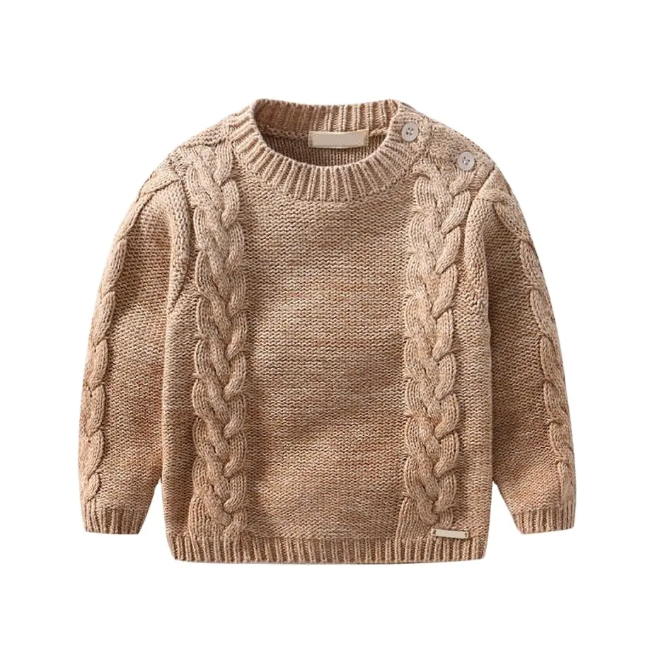Custom baby boys wool pullover sweater kids jumper cable knit brown long sleeve sweater designs for kids